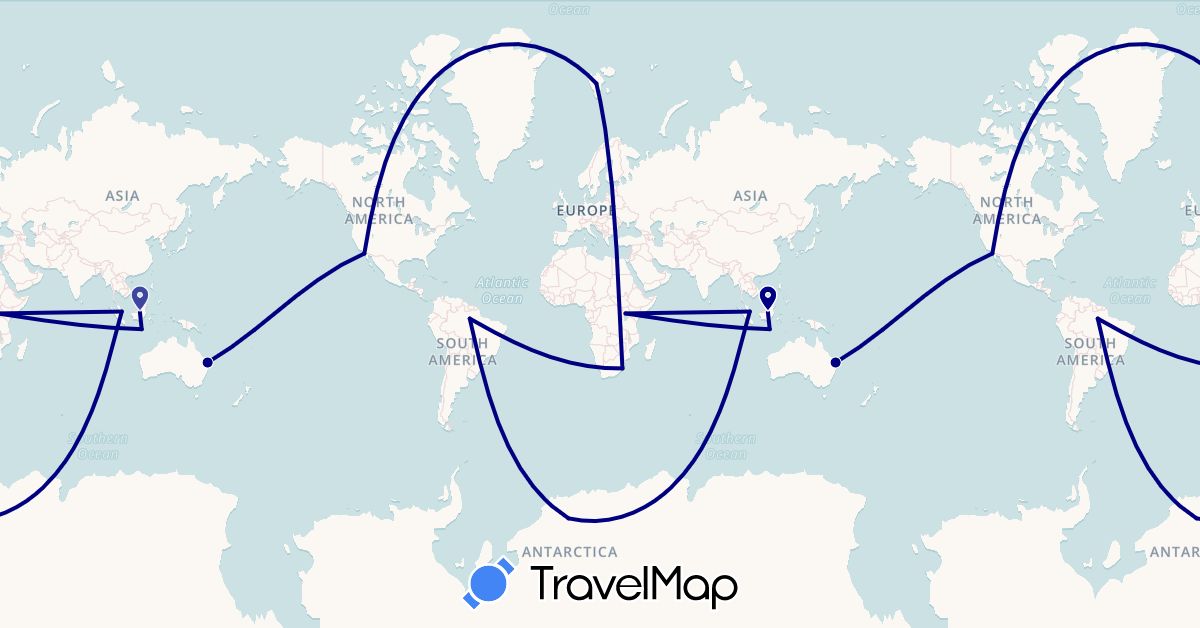 TravelMap itinerary: driving in Antarctica, Australia, Brazil, Indonesia, Norway, Singapore, Uganda, United States, South Africa (Africa, Antarctica, Asia, Europe, North America, Oceania, South America)